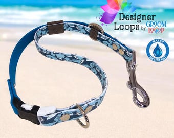 Blue Sharks BioThane®  Grooming Loop with a 5/8" Quick Release Buckle,  Beautiful printed pattern and Caribbean Blue