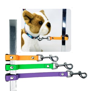 May include: Three different coloured dog leash tie-outs. The tie-outs are orange, green, and purple. Each tie-out has a metal clip on one end and a metal loop on the other end.