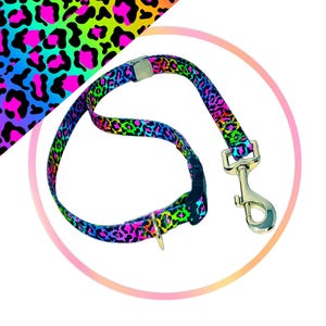 May include: A neon pink, green, blue, and yellow leopard print dog leash with a gold metal clip.