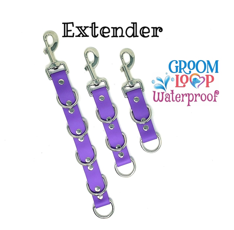 May include: Three purple extenders with silver metal rings and clips. The extenders are labeled "Groom Loop Waterproof".