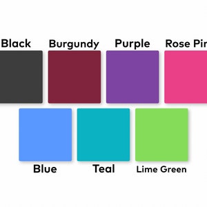 May include: A color chart with nine squares showing different colors. The colors are black, burgundy, purple, rose pink, blue, teal, lime green.