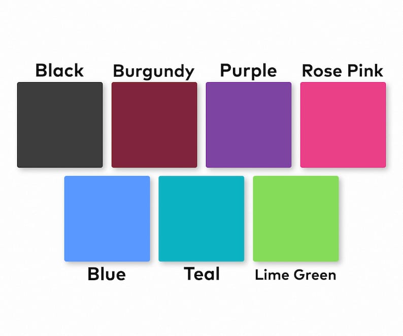 May include: A color chart with nine squares showing different colors. The colors are black, burgundy, purple, rose pink, blue, teal, lime green.