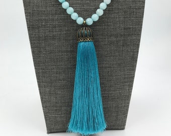 Rutilated Amazonite Boho style necklace with teal silk tassel