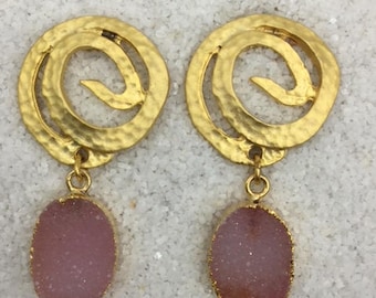 Gold hammered swirls with pale pink druzy drops