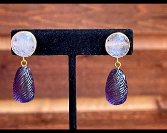 Pink Jade Earrings with Iolite Drops