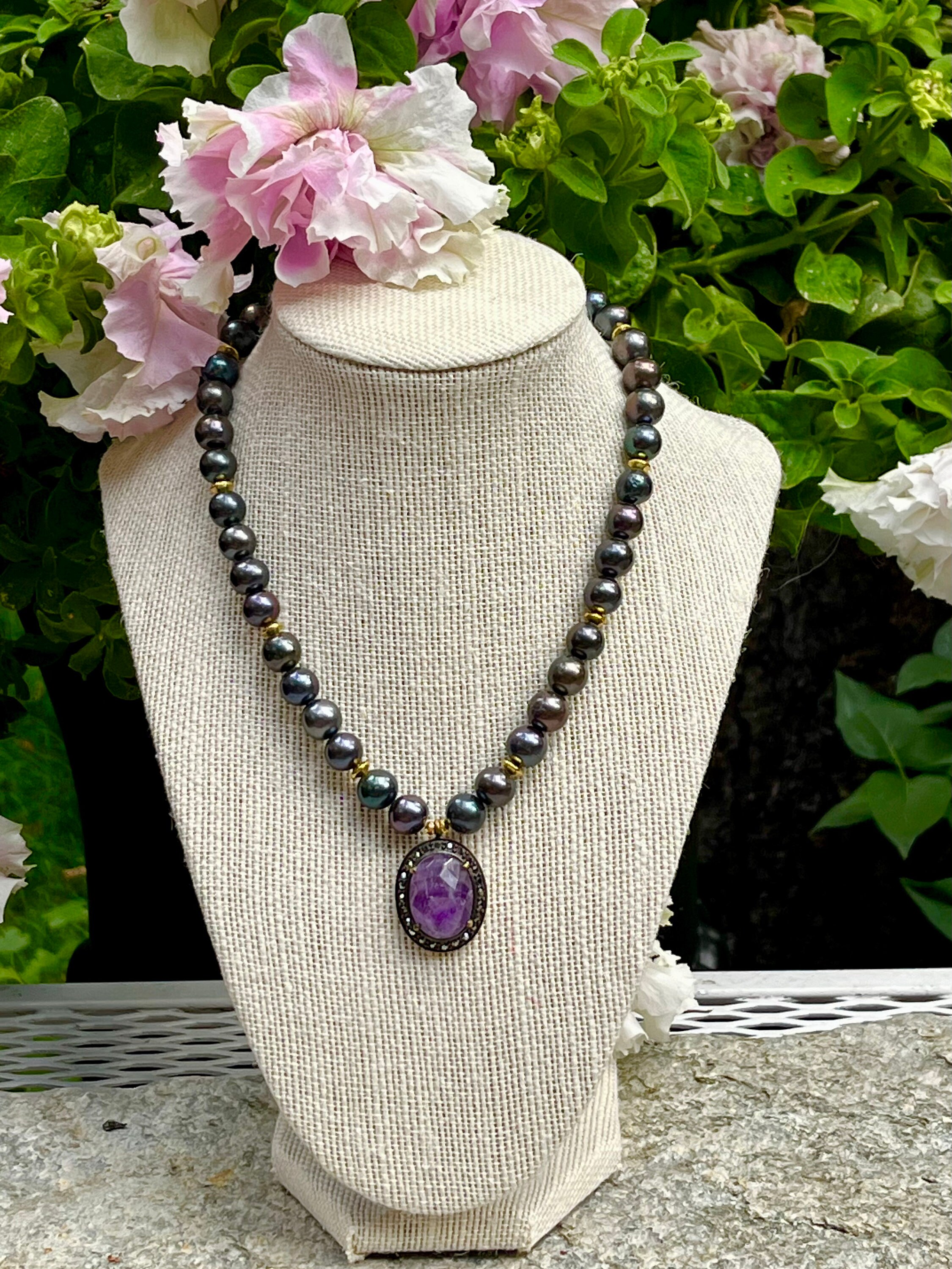 Peacock Pearl Necklace with Amethyst Pendant