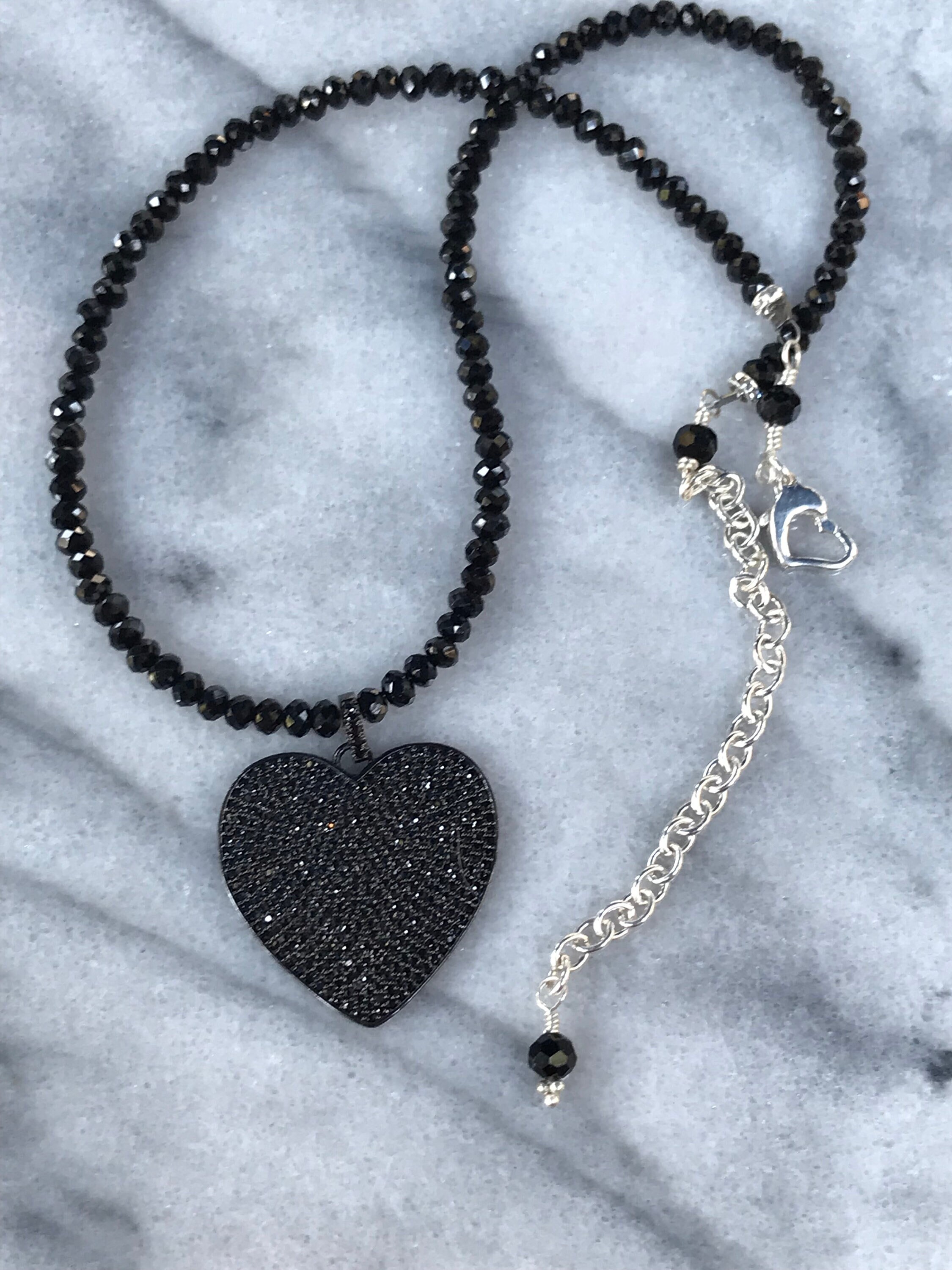 ☆ENGBROX☆ comely ribbon beads necklace EBNL24033 Onyx Faceted Bead Necklace With Cz Heart Pendant - Etsy