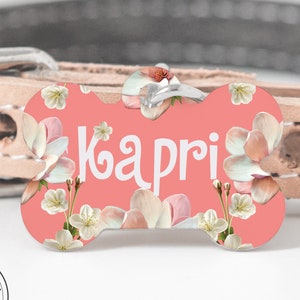 Pink Flowers Pet Tag | Custom Dog ID Tag | Bone Pet Tag | Pet Tag Pink Color | Colorful Pet Tag | Personalized Dog Tag | Dog Name Tag Gift