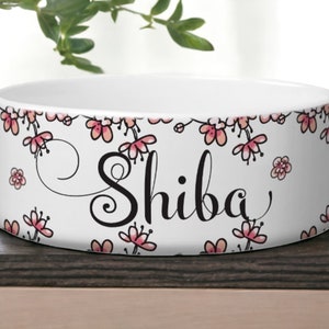 Personalized Ceramic Pet Bowl with Pink Flowers | Custom Dog or Cat Bowl with Name | Beautiful Floral Pet Dish | Gift for Pet Lovers
