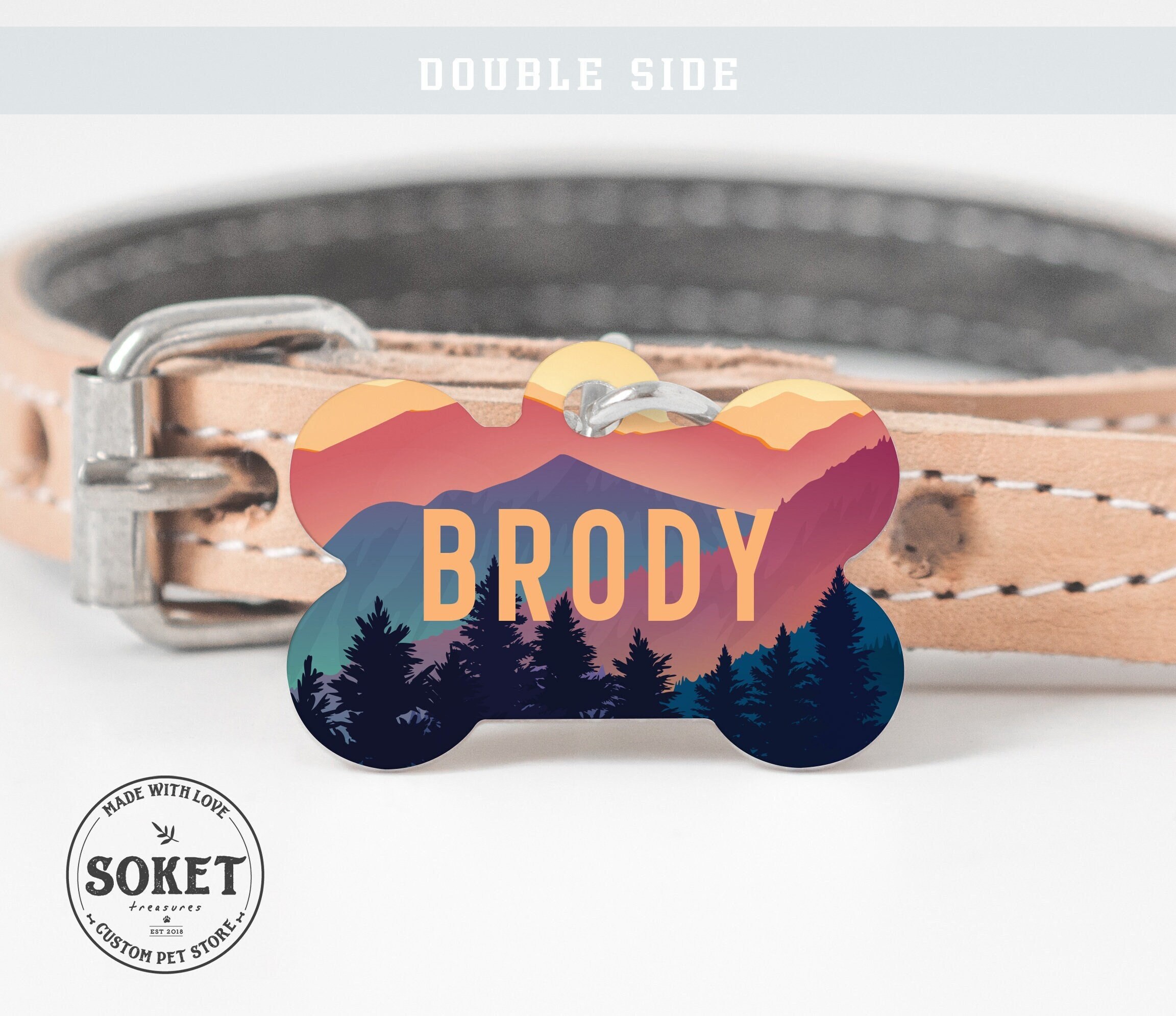 Twilight Gold Mountain Pet Tag | Forest Pet Tag Golden Colors | Id Pet Tag  Double Side | Customized Forest Sunset | Pet Tag Gift