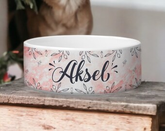 Custom Ceramic Dog Bowl Set | Personalized Pet Bowl with Purple Flowers Tag