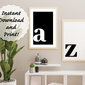Alphabet A-Z, Printable Poster Art, lower case, black letter and white letter, Typography, INSTANT DOWNLOAD