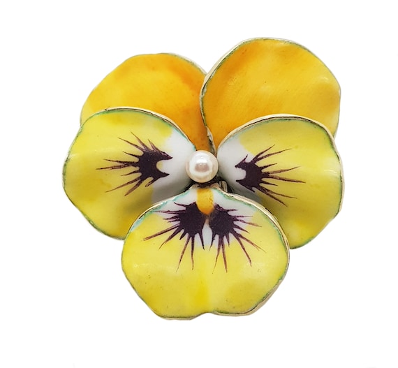 14K Yellow Gold Vintage Pansy Enamel & Pearl Pin B