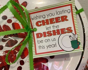 Wishing You Lasting Cheer Let the Dishes Be on Us This Year;  Digital Download; 3x3 inch tags; 6 tags to a page pdf