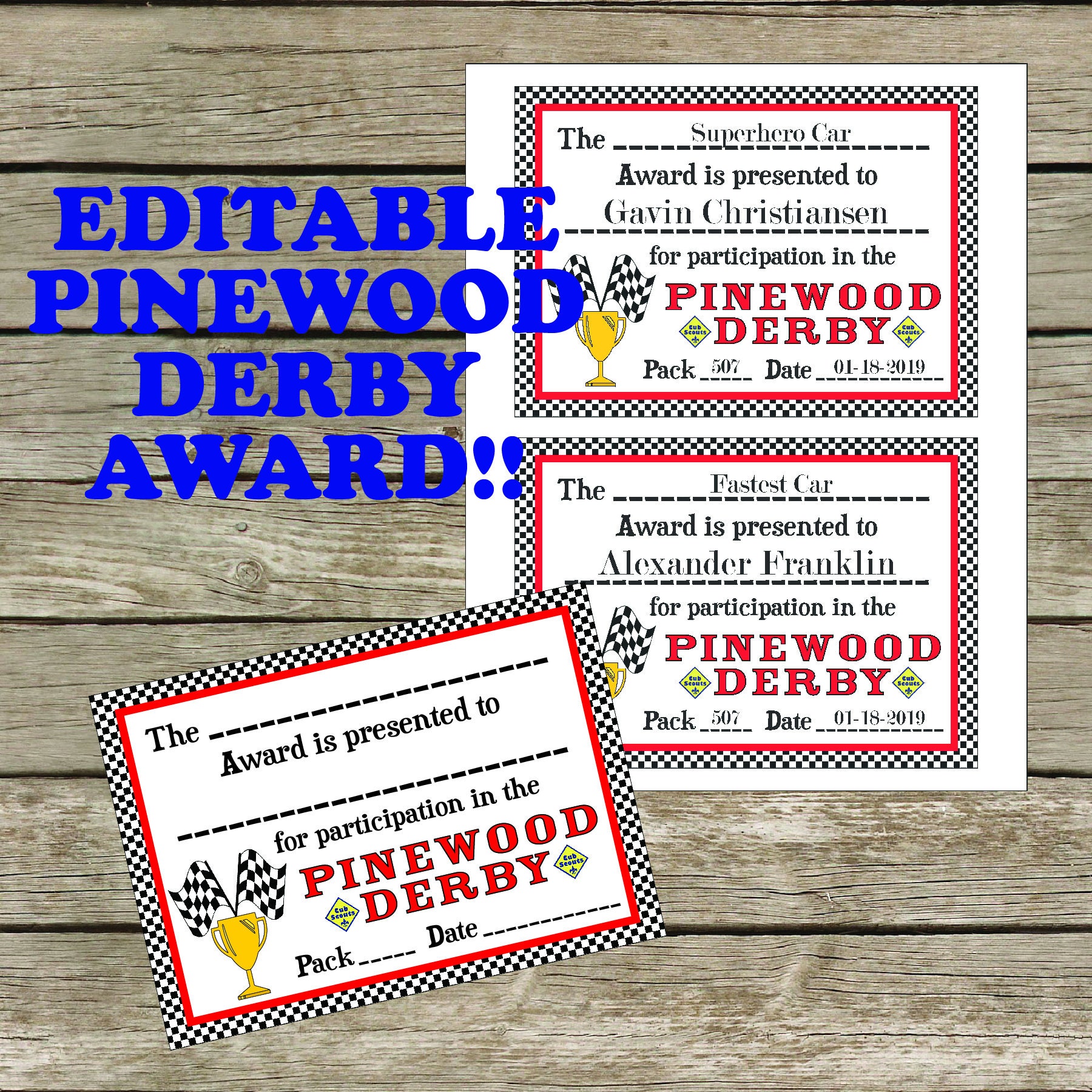 Pinewood Derby Award Editable Digital Download 7x5 inch Etsy