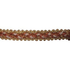 May include: A braided trim with gold, copper, and white threads. The trim has a woven pattern and is suitable for upholstery, curtains, or other home decor projects.