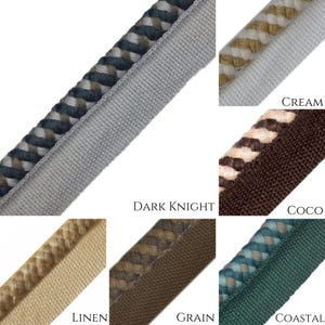 May include: Six samples of fabric trim with different colours and textures. The colours are Dark Knight, Cream, Coco, Linen, Grain, and Coastal.