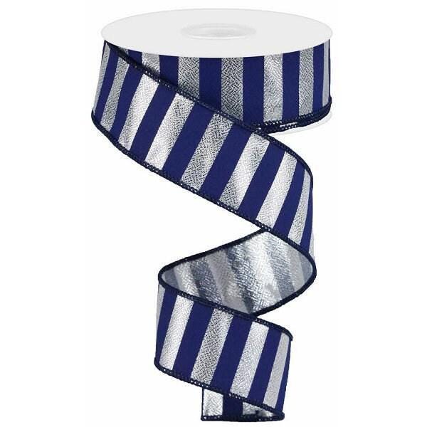1.5" Navy and Silver Stripe Ribbon - 10 yards RGA1069T1 - Wired