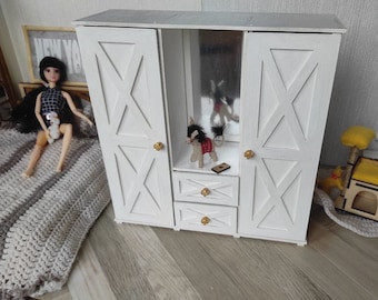 Miniature dollhouse wardrobe. Tiny closet for doll accessories. Miniature wardrobe for doll dress-up Dollhouse furniture for mini collectors