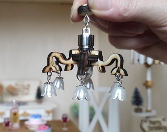 Miniature Hanging Chandelier with Bellflower Decor – Tiny Ceiling Lamp with Magnet for Dollhouses