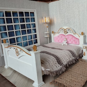 Dollhouse bed Scale 1/6. Miniature Bed 12&quot; dolls. Dollhouse Furniture. DIY dollhouse bed.