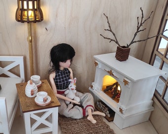 Miniature fireplace. Fireplace decor 1/6 for dolls. Fireplace dollhouse. Wooden dollhouse furniture. DIY doll furniture. Dollhouse decor