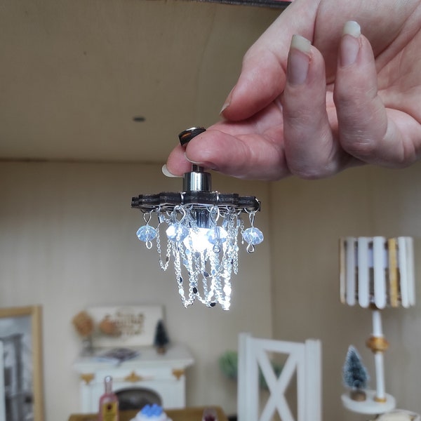 Miniature dollhouse chandelier. Handcrafted dollhouse chandeliers. Dollhouse LED lights for miniatures. Crystal chandelier for dollhouse