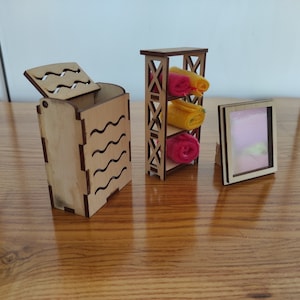 DIY Dollhouse Bathroom Set: Miniature Mirror, Laundry Basket & Shelf - 1/6 Scale Kit