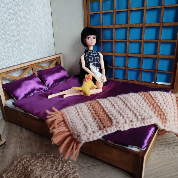 Puppenhaus Bett 1/6. Puppenbett 12" Puppenhaus Möbel. Miniatur Bett. DIY Miniatur für Puppenhaus. Miniatur Bett. Puppenhaus Bettwäsche