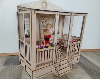 Wooden Dollhouse Porch 1/6 Scale – Miniature DIY Craft Kit for Custom Dollhouses