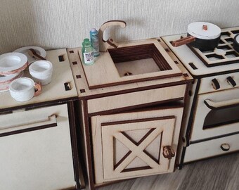 Lavello da cucina in compensato in miniatura: mobili per casa delle bambole in scala 1/6