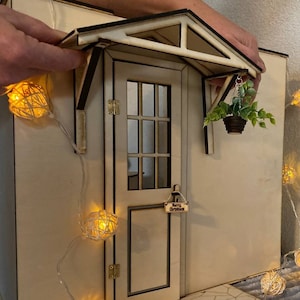 Miniature dollhouse porch. Diy Dollhouse entry door canopy. Wooden dollhouse veranda