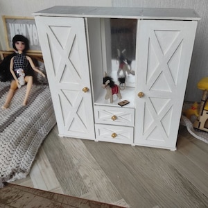 Miniature dollhouse wardrobe. Tiny closet for doll accessories. Miniature wardrobe for doll dress-up Dollhouse furniture for mini collectors