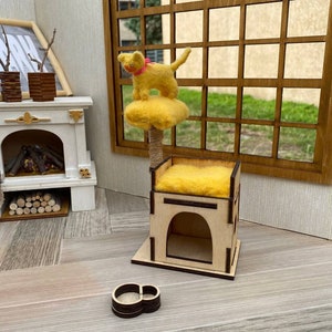 Miniature Cat Play Area for Dollhouse – 1:6 Scale Cat Tree with Bed & Food Dish – Realistic Cat Furniture for Doll Scenes