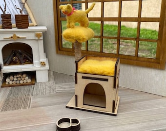 Miniature Cat Play Area for Dollhouse – 1:6 Scale Cat Tree with Bed & Food Dish – Realistic Cat Furniture for Doll Scenes