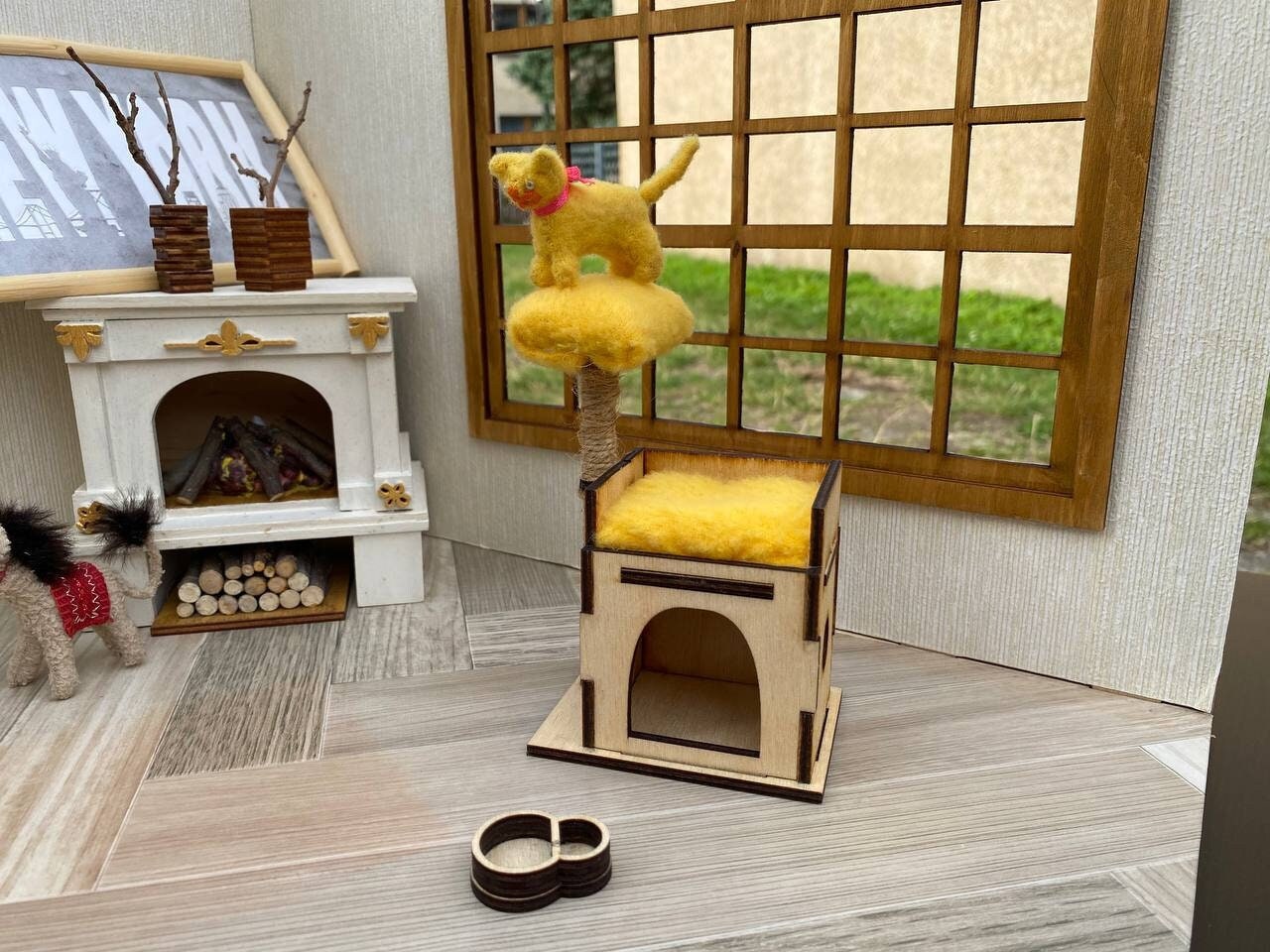 Miniature cat house. Tiny cat home. Dollhouse pet retreat. Dollhouse cat play area. Dollhouse accessories. DIY miniature cat house
