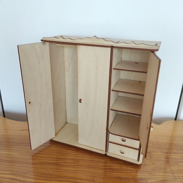 Diy Doll wardrobe. Tiny closet for dolls. 1/6 scale doll furniture. Miniature dollhouse closet. Small wooden wardrobe for dolls.