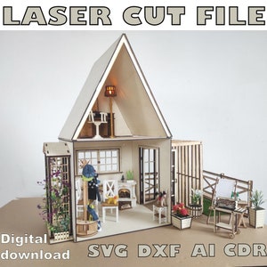 Cyfrowy plik do cięcia laserowego Domek dla lalek z dachem. Diorama dla lalek z gankiem i pergolą. Domek dla lalek DIY roombox