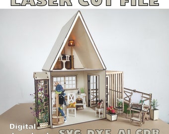 Digital laser cutting file Dollhouse with roof. Diorama for dolls with porch and pergola. DIY dollhouse roombox