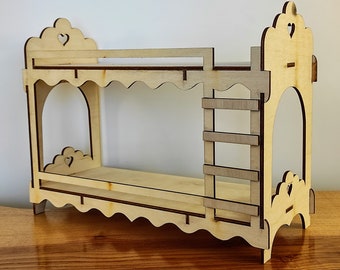 Miniature Bunk Bed 1/6 Scale: Wooden Dollhouse Furniture (DIY or Assembled)