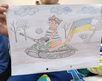 Ukrainian Art Print: Cat on Tank with Flag (Digital Download)