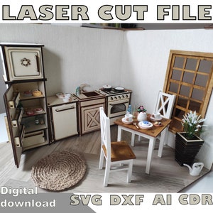 Download di file di taglio laser per set cucina casa delle bambole. File di taglio laser per cucina casa delle bambole fai da te. Piani di taglio laser per mobili casa delle bambole da cucina