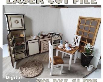Dollhouse Kitchen Set Laser Cut Files: 1/6 Scale Miniature Furniture (Digital Download)