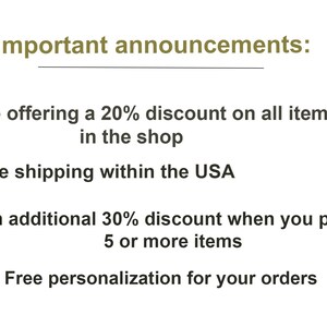 Puede incluir: Anuncios importantes: 1. Ofrecemos un 20% de descuento en todos los art&iacute;culos de la tienda. 2. Env&iacute;o gratuito dentro de los EE. UU. 3. Un descuento adicional del 30% al comprar 5 art&iacute;culos o m&aacute;s. 4. Personalizaci&oacute;n gratuita para tus pedidos.