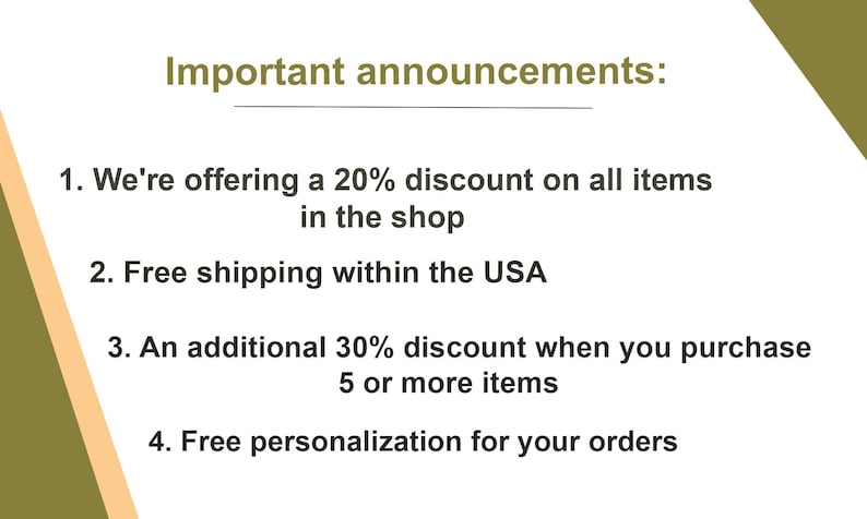 Puede incluir: Anuncios importantes: 1. Ofrecemos un 20% de descuento en todos los art&iacute;culos de la tienda. 2. Env&iacute;o gratuito dentro de los EE. UU. 3. Un descuento adicional del 30% al comprar 5 art&iacute;culos o m&aacute;s. 4. Personalizaci&oacute;n gratuita para tus pedidos.