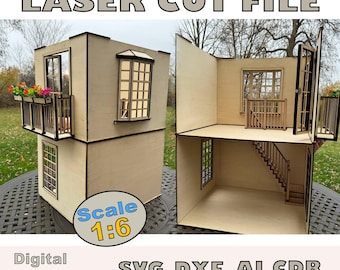 2-Story Dollhouse Box with Balcony and Stairs | 1/6 Scale Digital Laser Cut Files