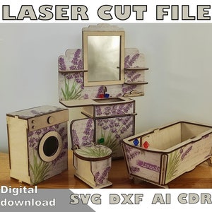 Disegni tagliati al laser per il bagno delle case delle bambole in scala 1/6. Modelli tagliati al laser per il bagno di una casa delle bambole fai-da-te. File tagliati al laser scaricabili DXF
