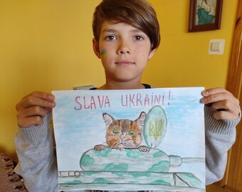 Ukrainian Art Print: Cat on Tank 'Slava Ukraini' (Digital Download)