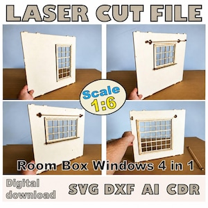 May include: A laser cut file for a 1:6 scale room box window, featuring four distinct window designs in a light wood material. The digital download includes SVG, DXF, AI, and CDR formats. The text LASER CUT FILE, Scale 1:6, Room Box Windows 4 in 1, and Digital download SVG DXF AI CDR are visible.