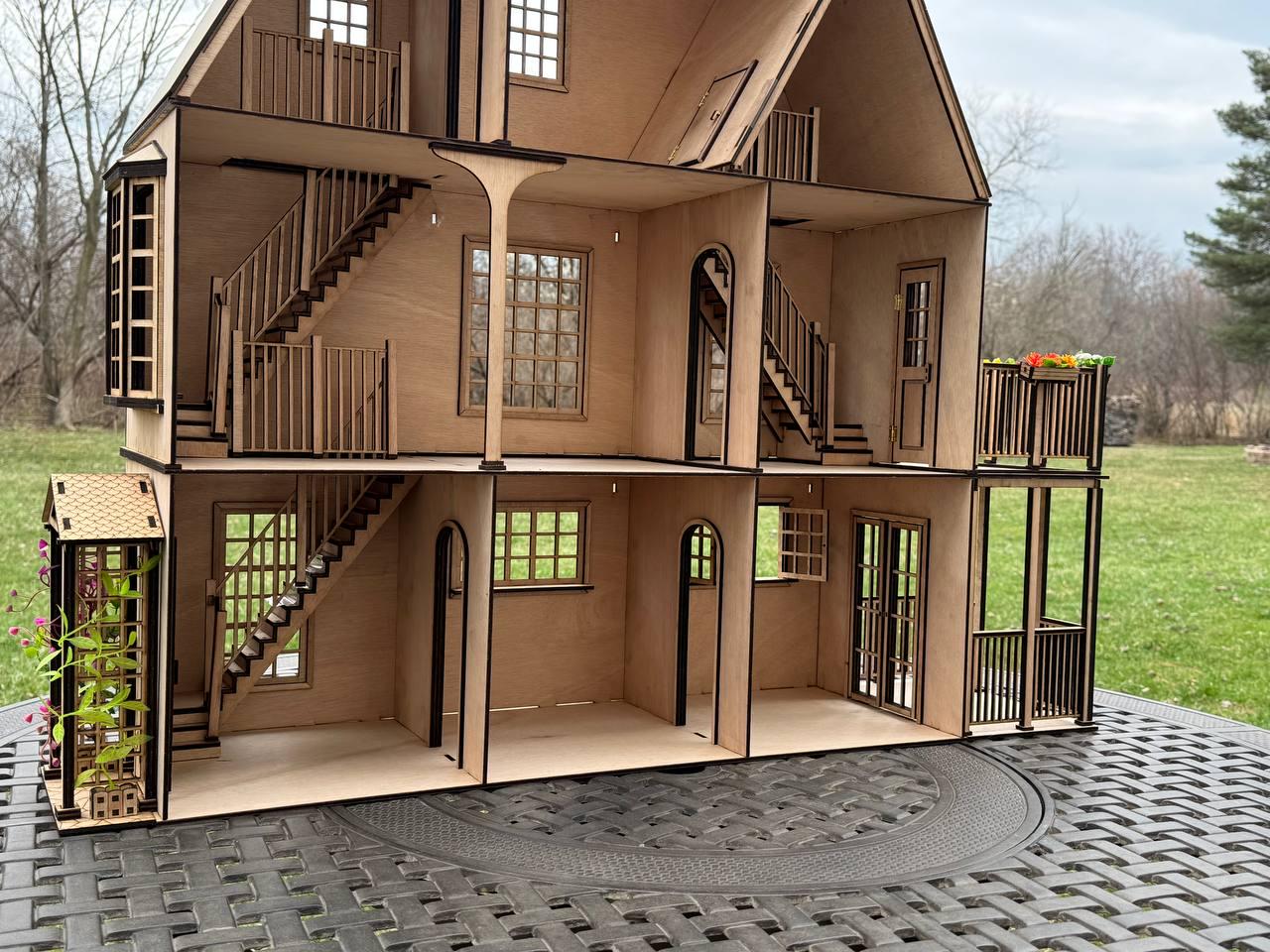DIY 3階建て木製ドールハウスキット 1:12スケール - ポーチ付き 